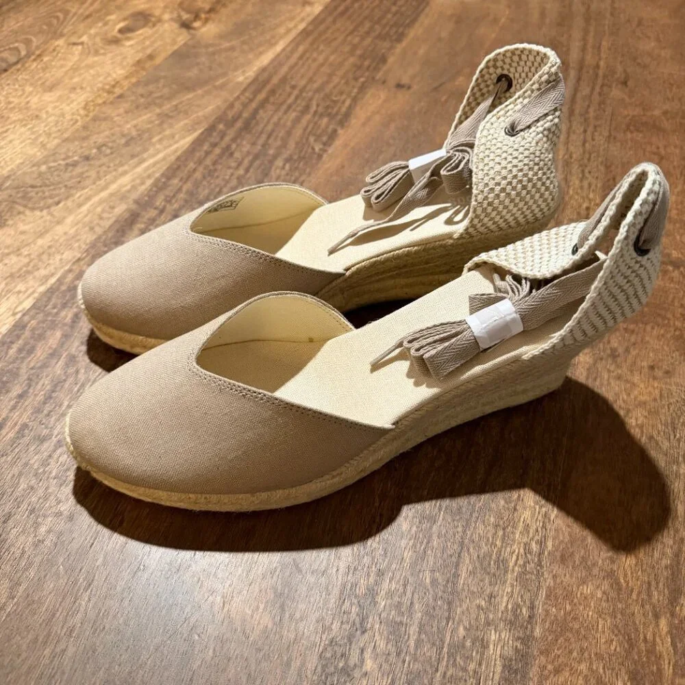 NEW Soludos Taupe Canvas Espadrille Wedge Sandals Ankle Tie Size 11